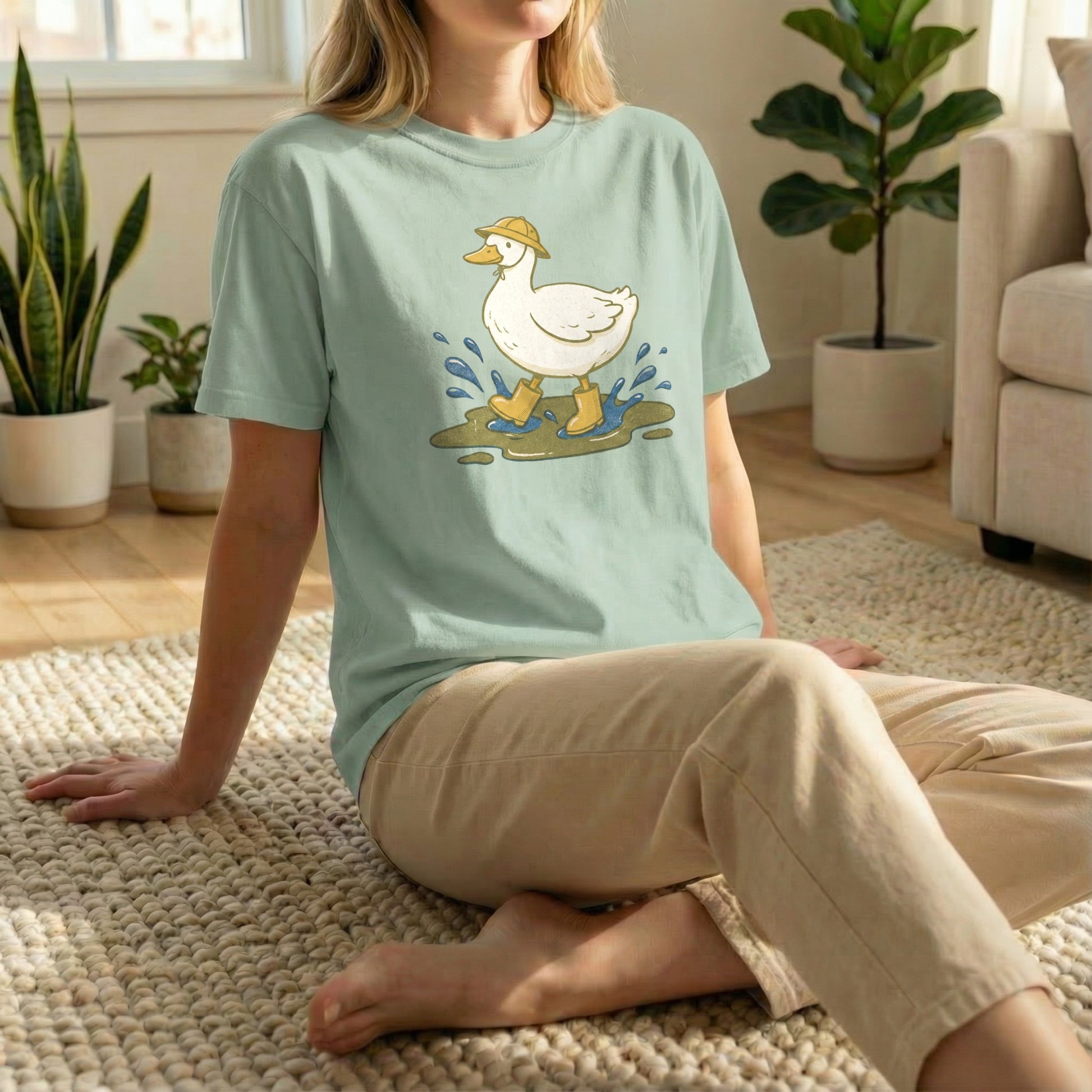 Woman sitting on a rug on the floor wearing a light green t-shirt with a vintage duck and puddle design.