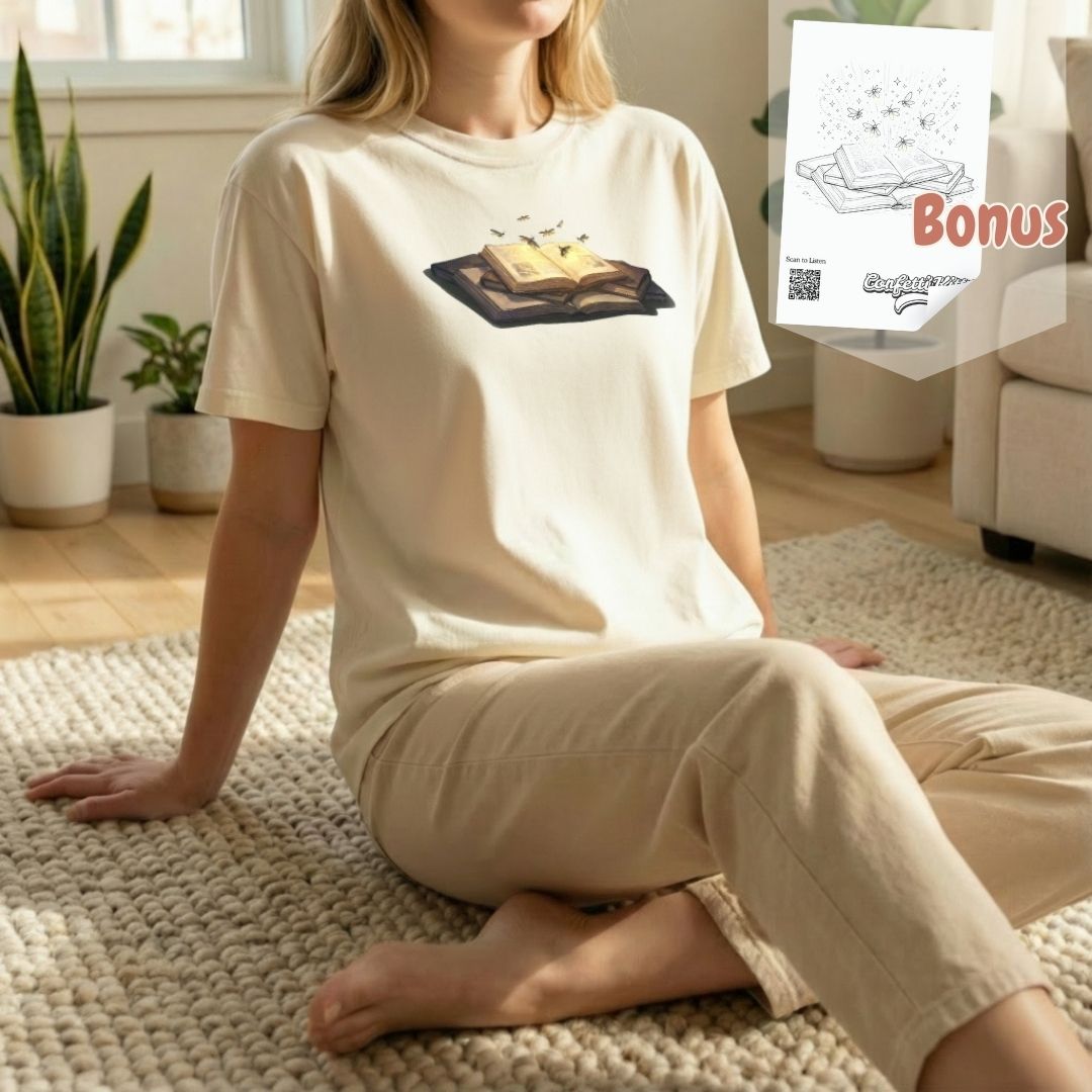 Firefly Book tee bundle showing ivory, light green, and orchid color options