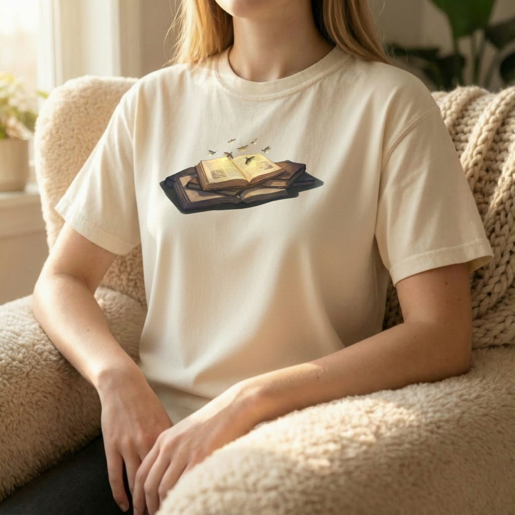 Firefly Book tee worn sitting on couch on ivory shirt with cozy glowing book artwork