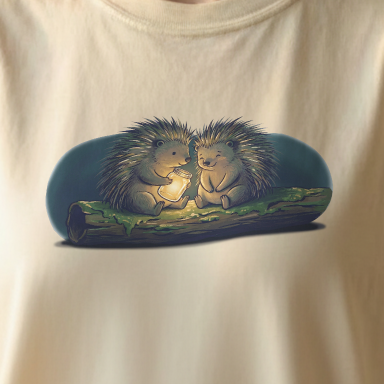 Close-up of Firefly Hedgehogs tee artwork showing two hedgehogs cuddled together with glowing fireflies