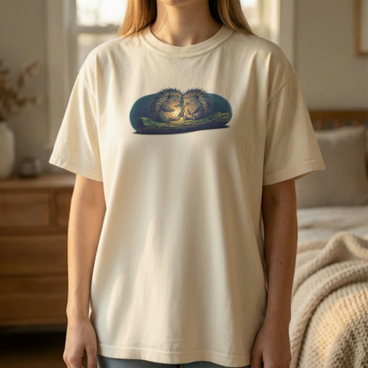 Firefly Hedgehogs tee worn standing on ivory shirt with cozy hedgehog illustration and soft glow