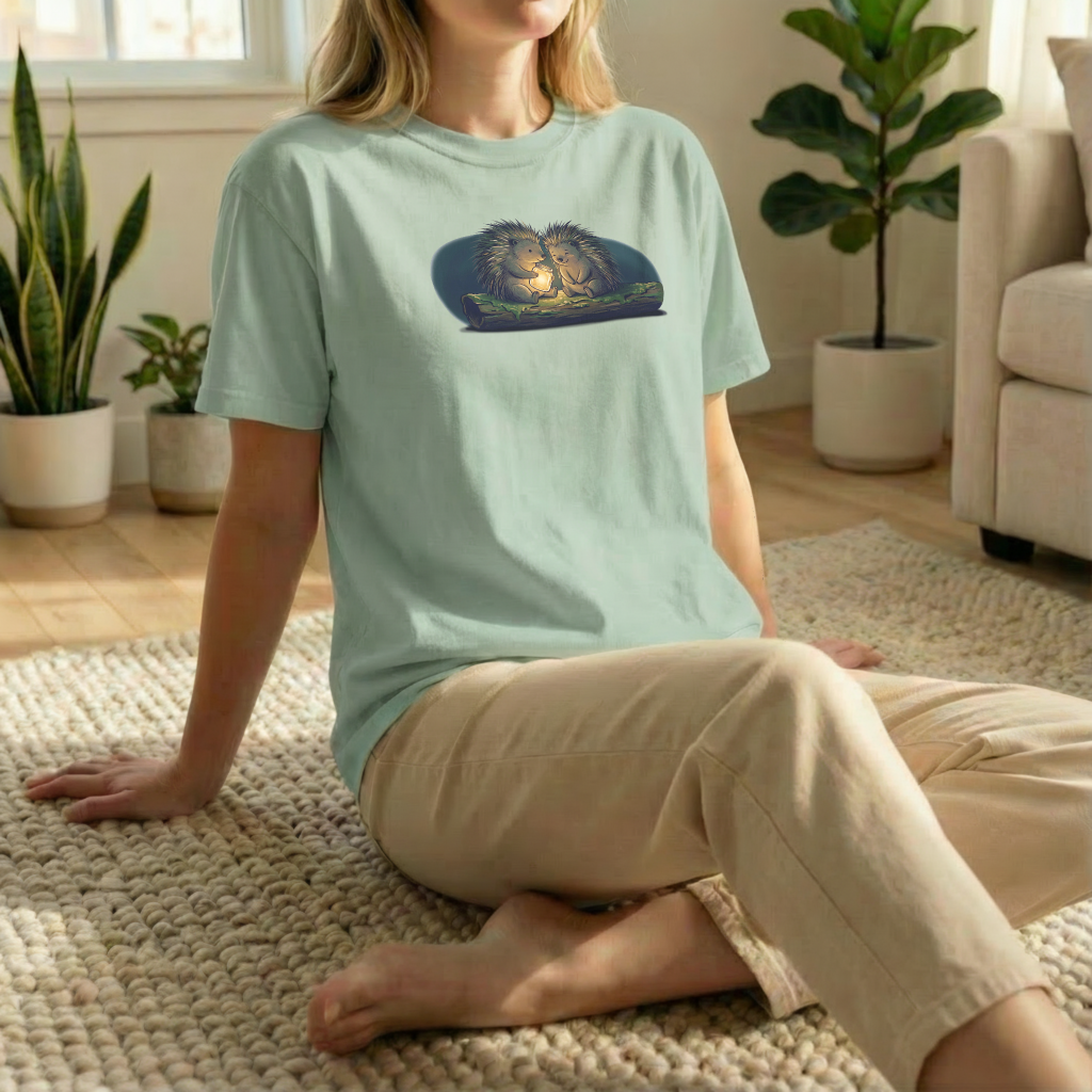 Firefly Hedgehogs graphic tee in casual floor pose on light green shirt with cozy nighttime scene