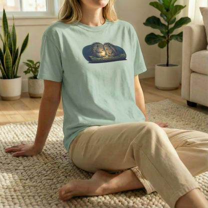 Firefly Hedgehogs graphic tee in casual floor pose on light green shirt with cozy nighttime scene
