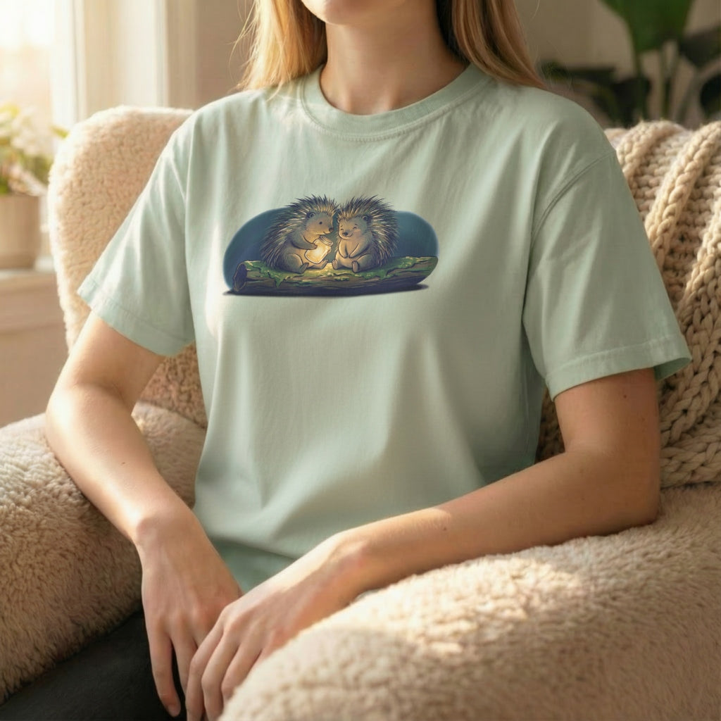 Firefly Hedgehogs tee worn sitting on couch on light green shirt with glowing fireflies artwork