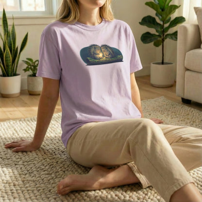 Firefly Hedgehogs tee worn in relaxed floor pose on orchid shirt with cozy glowing firefly scene