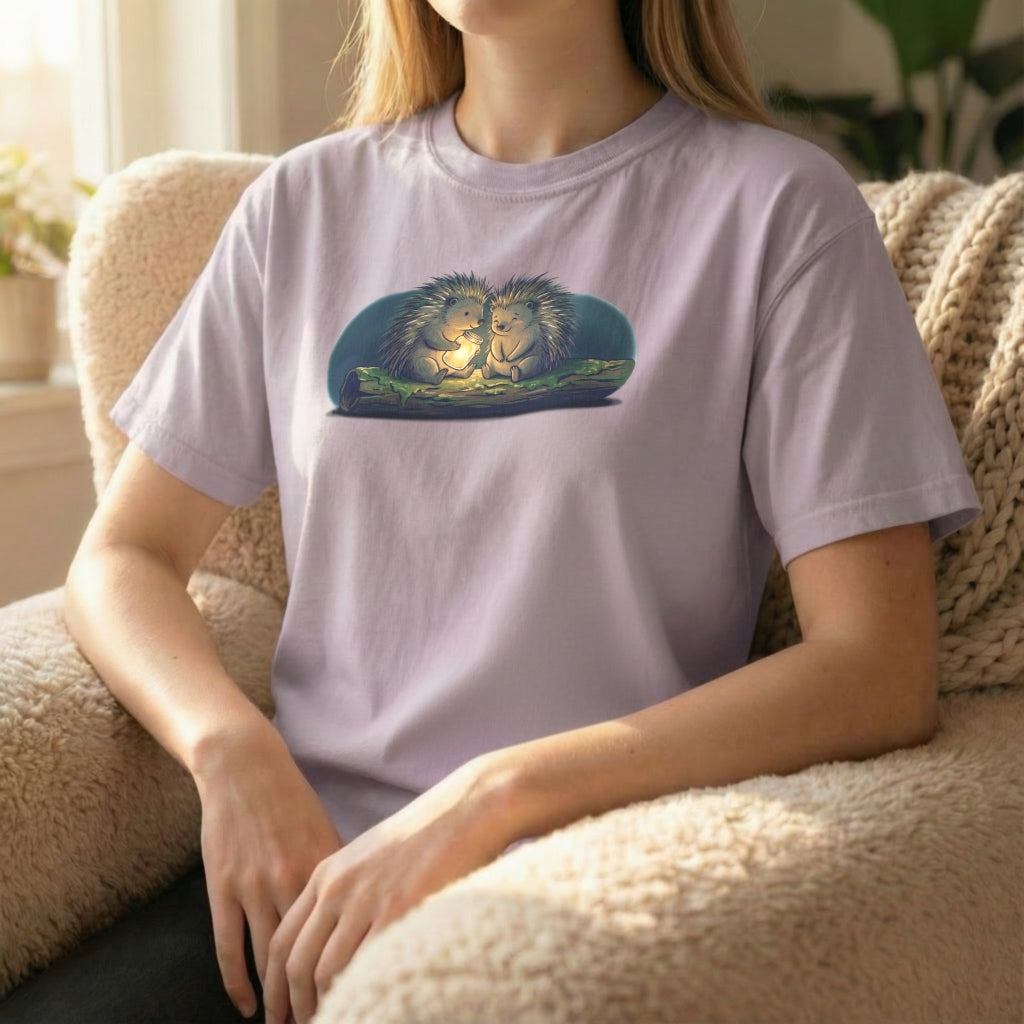 Firefly Hedgehogs tee worn sitting on orchid shirt with calm firefly glow artwork