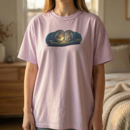 Firefly Hedgehogs graphic tee worn standing on orchid shirt with soft glowing hedgehog illustration