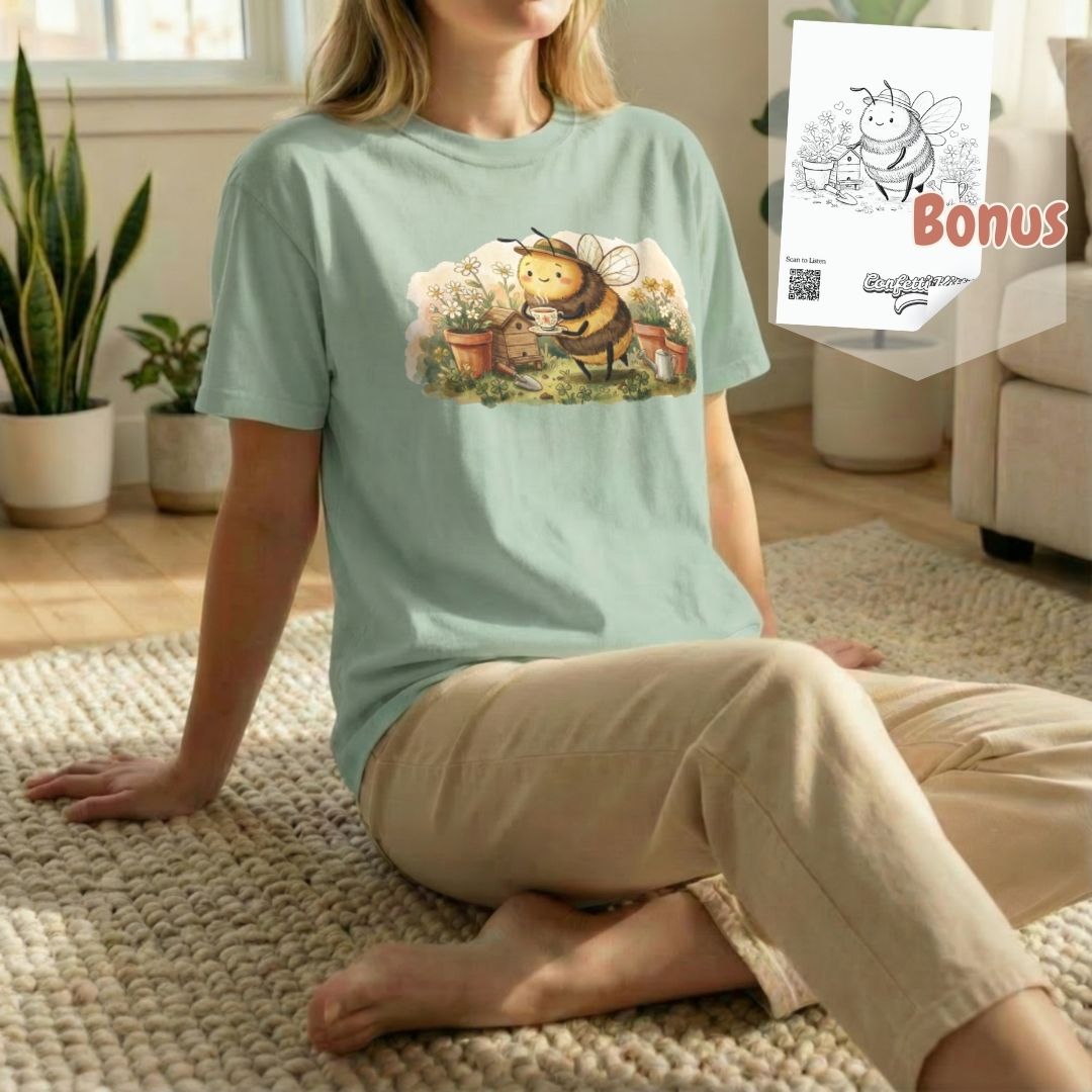 Garden Bee Tee bundle image shown in floor pose on light green shirt