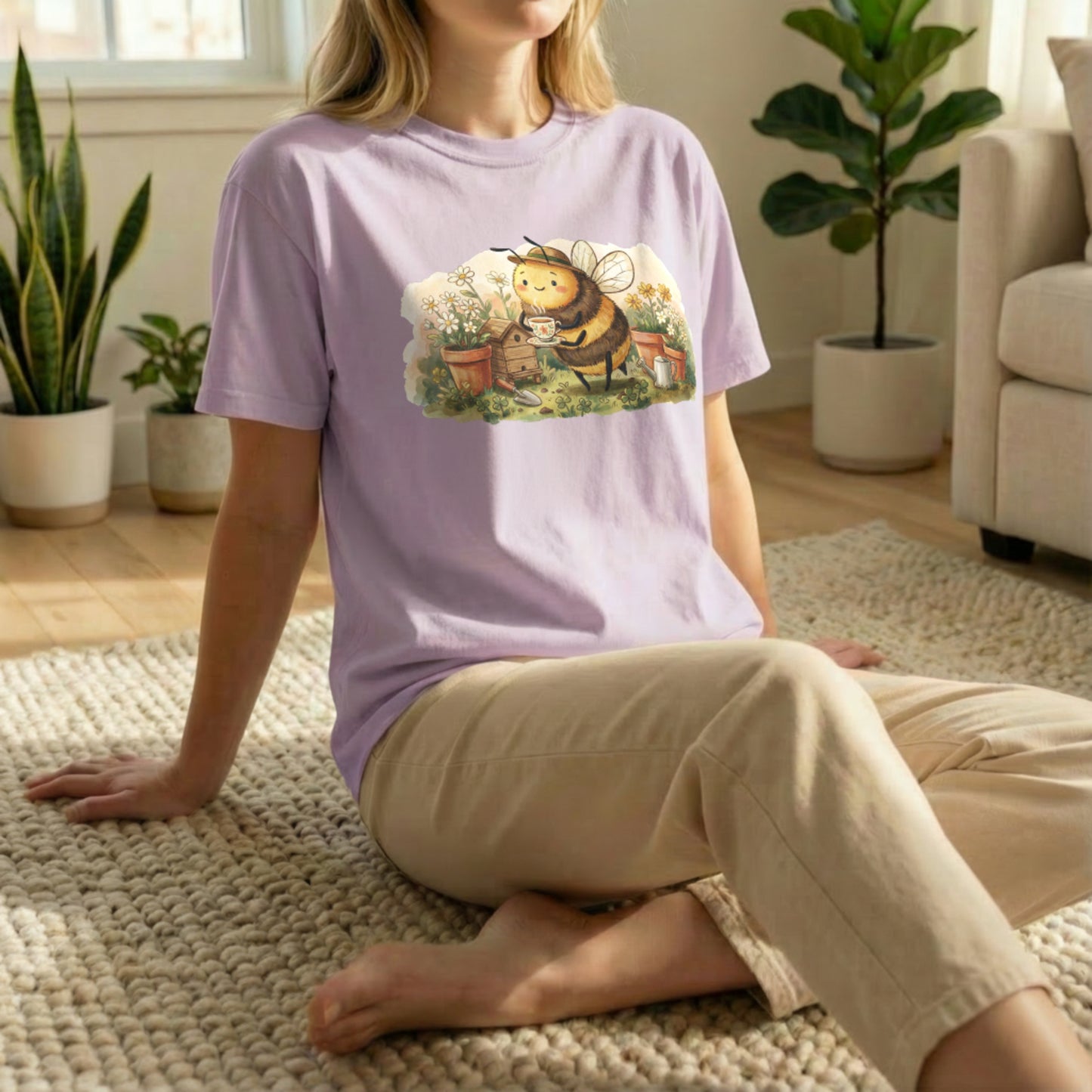 Garden Bee Tee shown in floor pose on orchid shirt