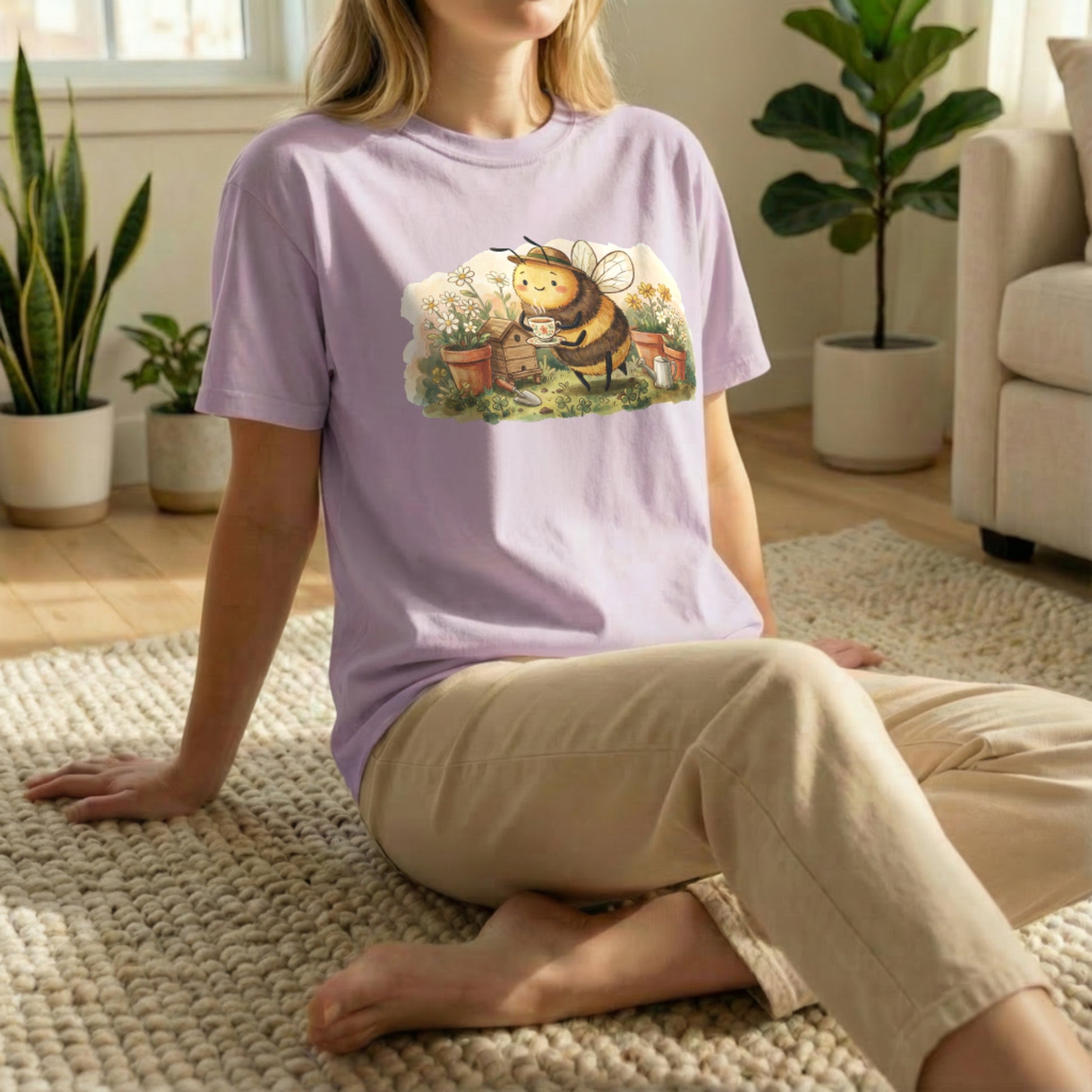 Garden Bee Tee shown in floor pose on orchid shirt
