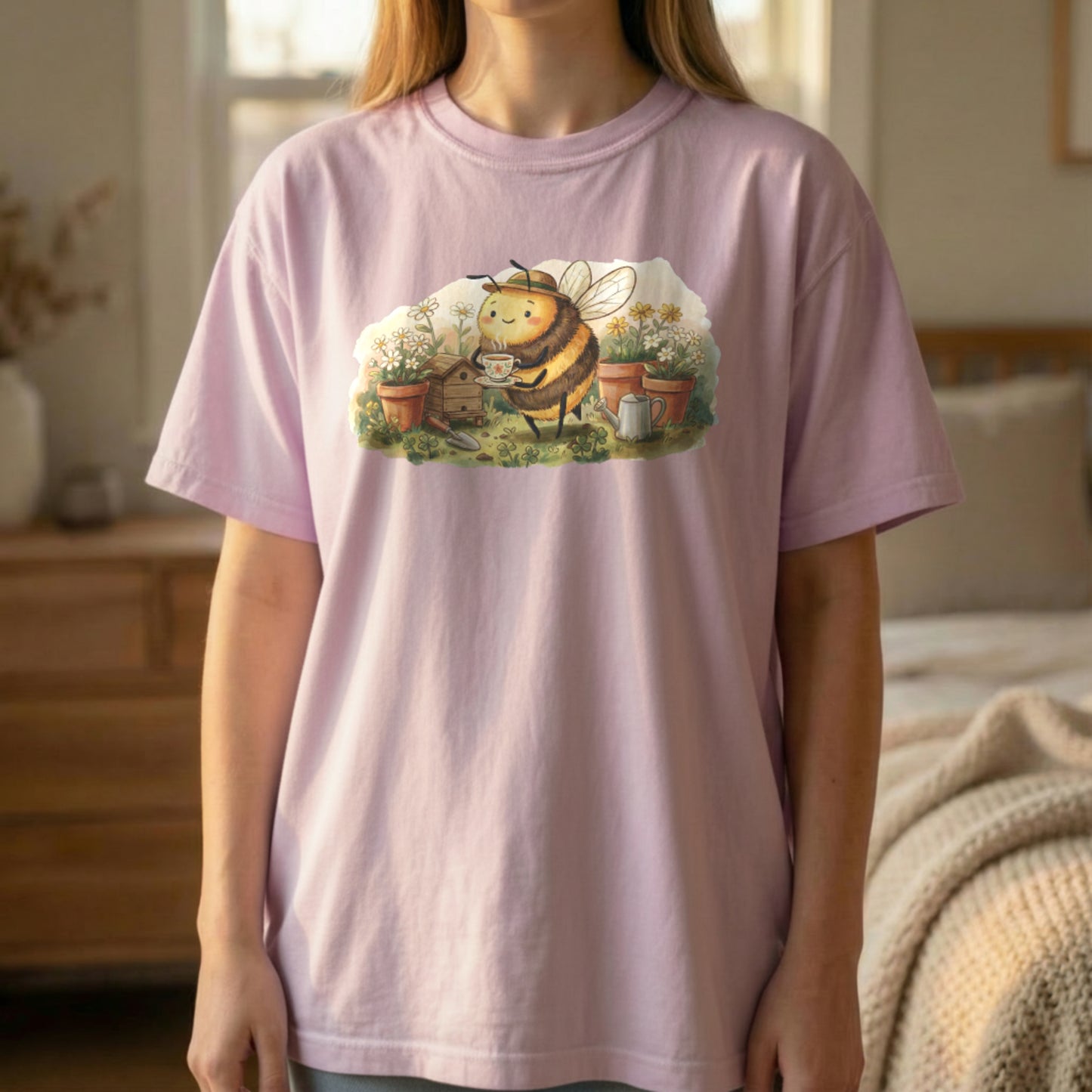 Garden Bee Tee shown in standing lifestyle pose on orchid shirt