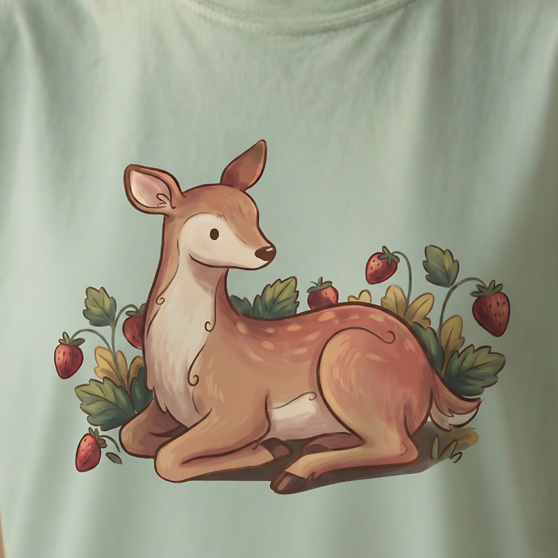 Close up of garden deer illustration printed on light green t-shirt