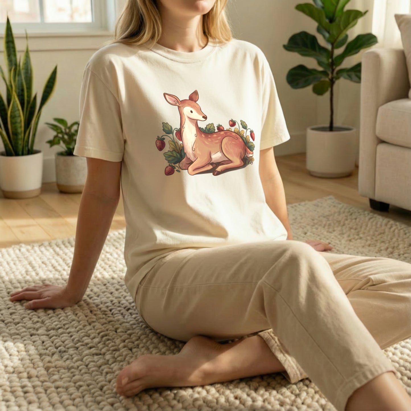 Garden deer t-shirt floor pose on ivory shirt