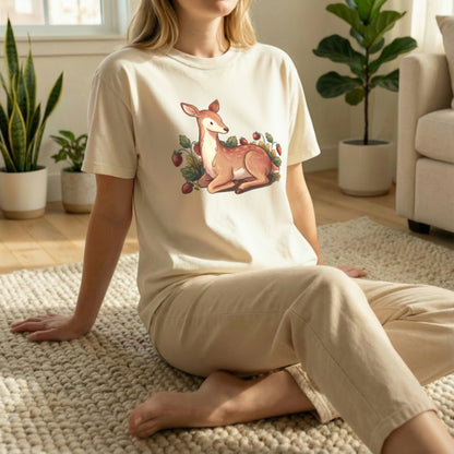 Garden deer t-shirt floor pose on ivory shirt