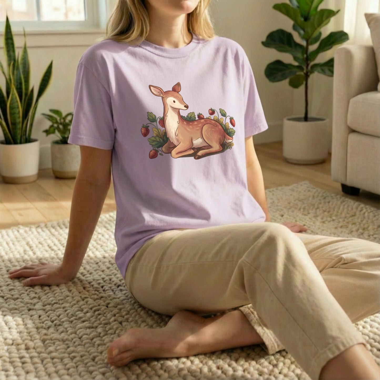 Garden deer t-shirt floor pose on orchid shirt