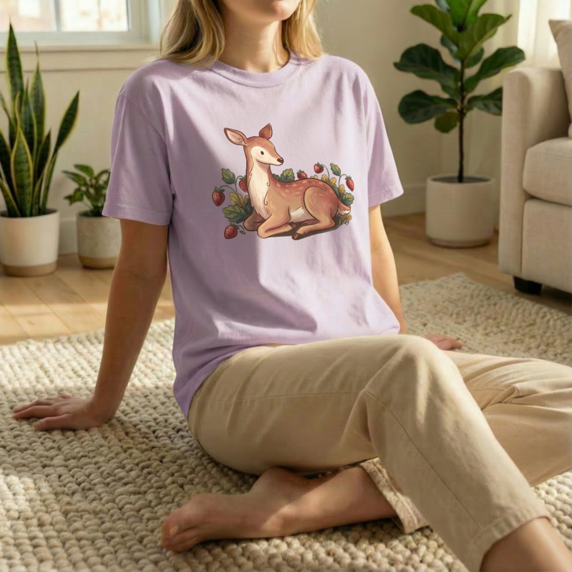 Garden deer t-shirt floor pose on orchid shirt