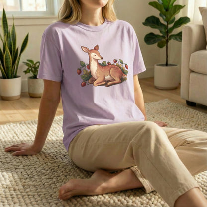 Garden deer t-shirt floor pose on orchid shirt