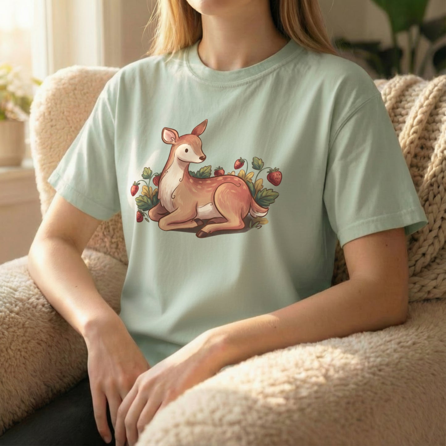 Garden deer t-shirt sitting pose model wearing light green shirt