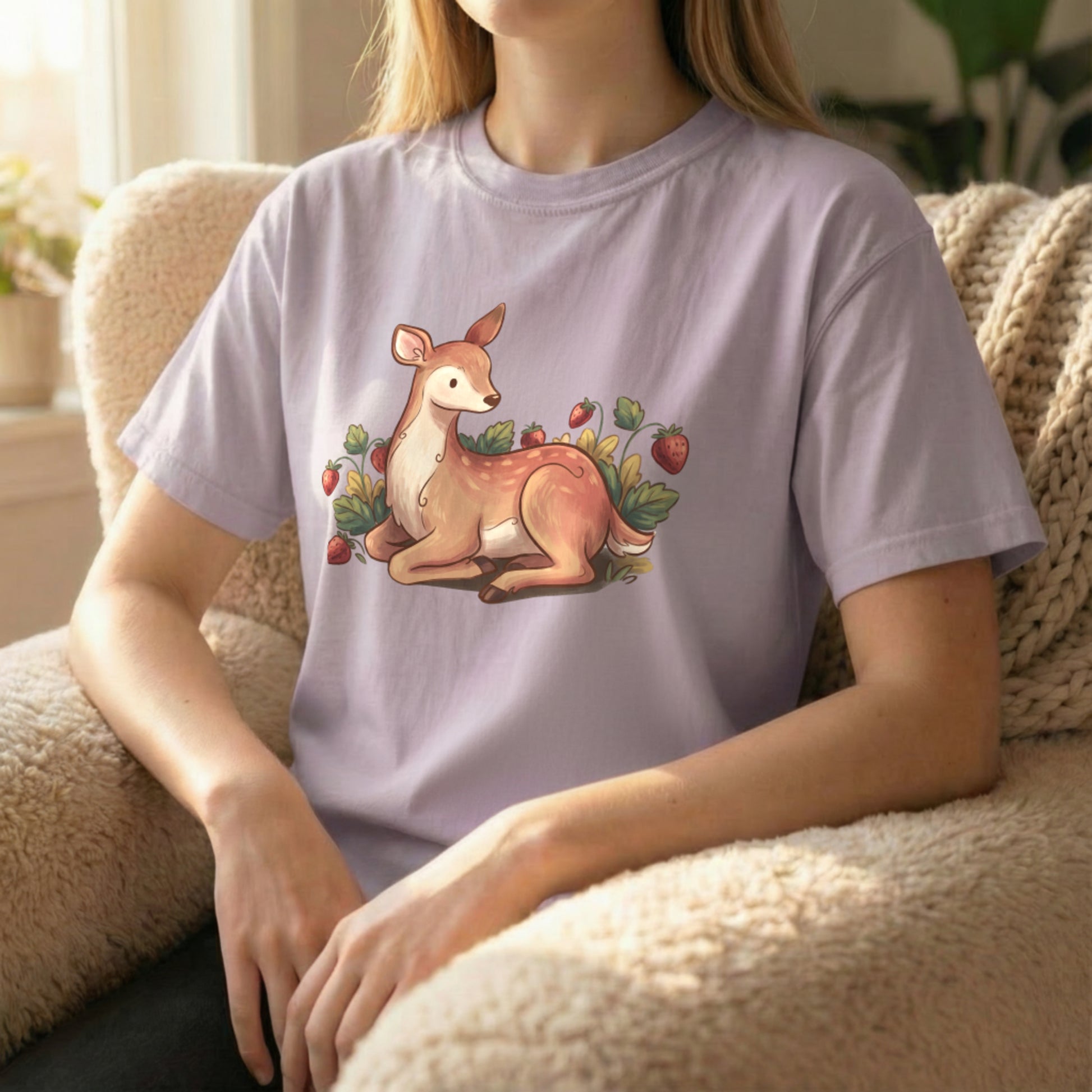 Garden deer t-shirt sitting pose on orchid shirt