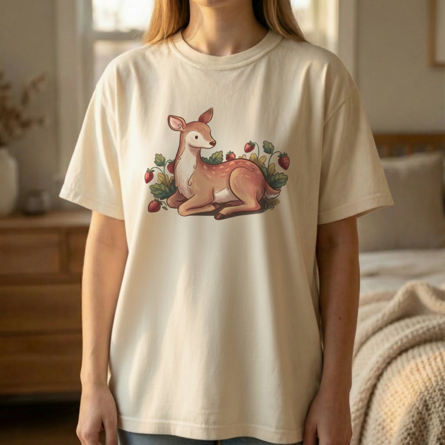 Garden deer t-shirt standing model view in ivory
