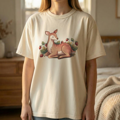 Garden deer t-shirt standing model view in ivory