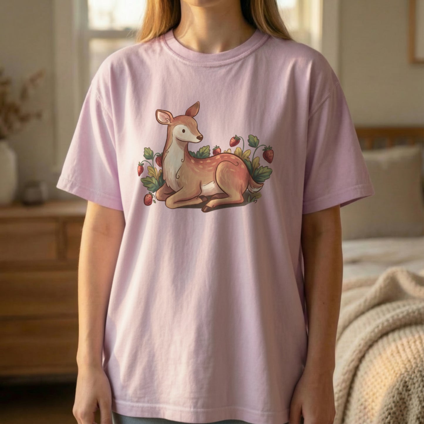 Garden deer t-shirt standing pose on orchid shirt