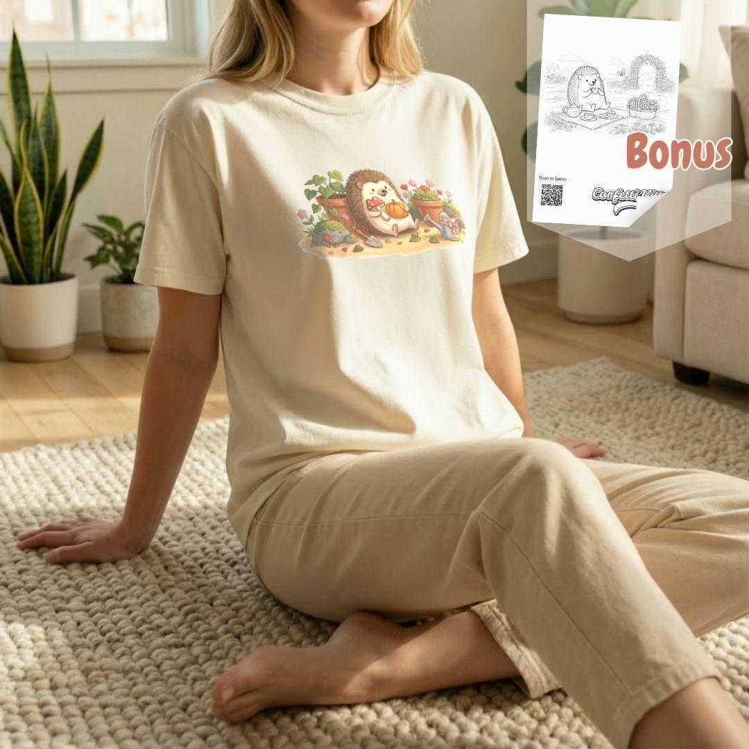 Garden Hedgehog tee bundle showing ivory, light green, and orchid color options