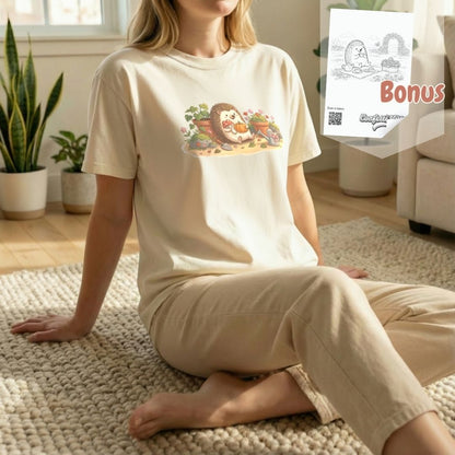 Garden Hedgehog tee bundle showing ivory, light green, and orchid color options