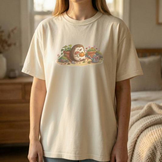 Garden Hedgehog tee worn standing on ivory shirt with cute hedgehog garden illustration