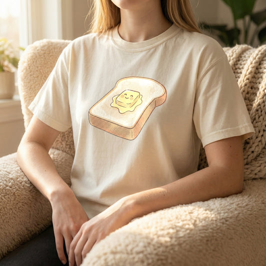 Model sitting in a cozy chair wearing the Happy Morning Toast t-shirt in Ivory.