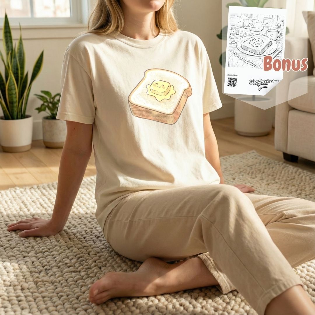 Happy Morning Toast Tee in Orchid purple, standing model showing the relaxed unisex fit.