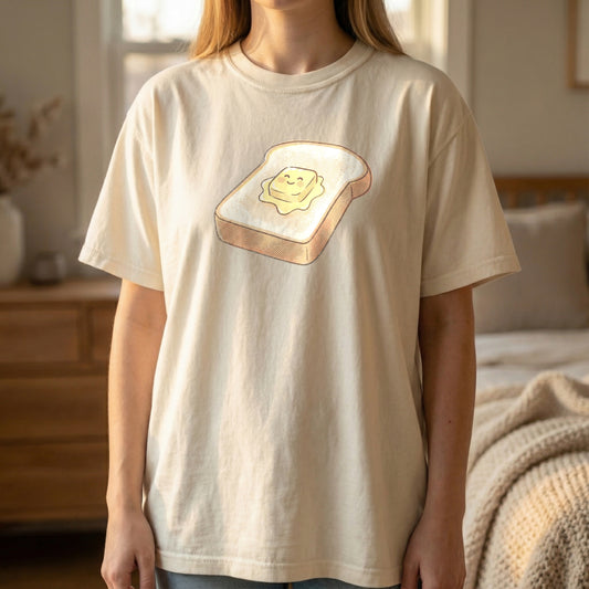 Happy Morning Toast Tee in Ivory Comfort Colors 1717 featuring cute buttered toast risograph art.