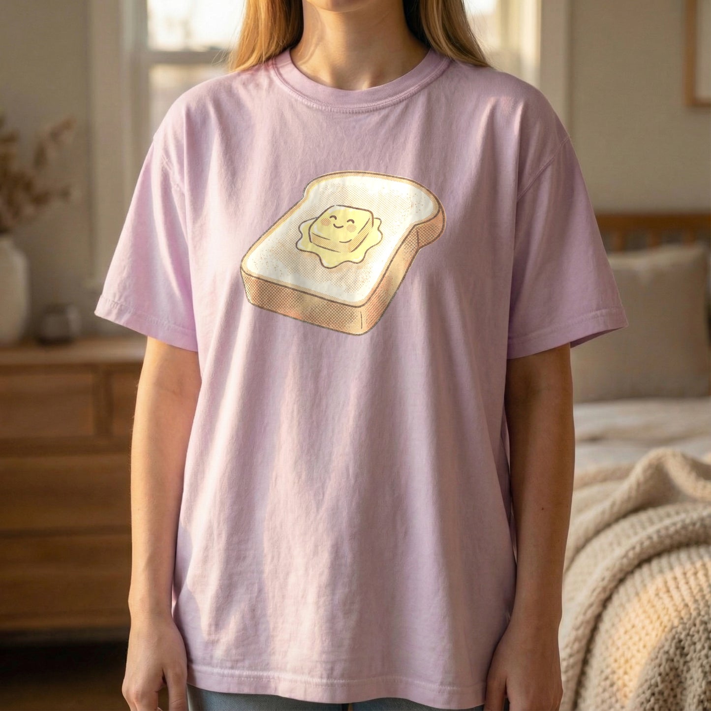 Happy Morning Toast Tee in Orchid purple, standing model showing the relaxed unisex fit.