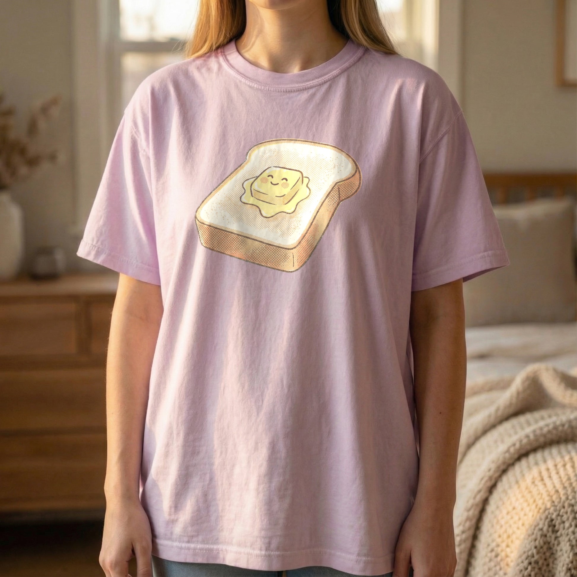 Happy Morning Toast Tee in Orchid purple, standing model showing the relaxed unisex fit.
