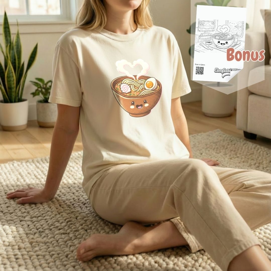 Happy Ramen Tee bundle image showing front design on ivory Comfort Colors t-shirt