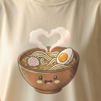 Close up of Happy Ramen Tee design printed on ivory Comfort Colors t-shirt