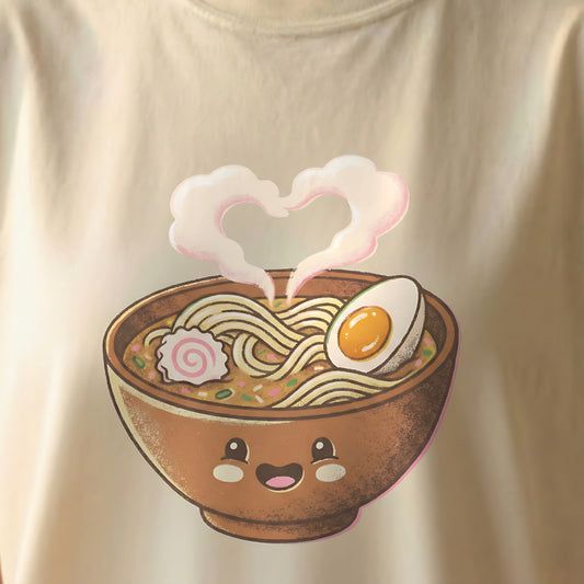 Close up of Happy Ramen Tee design printed on ivory Comfort Colors t-shirt