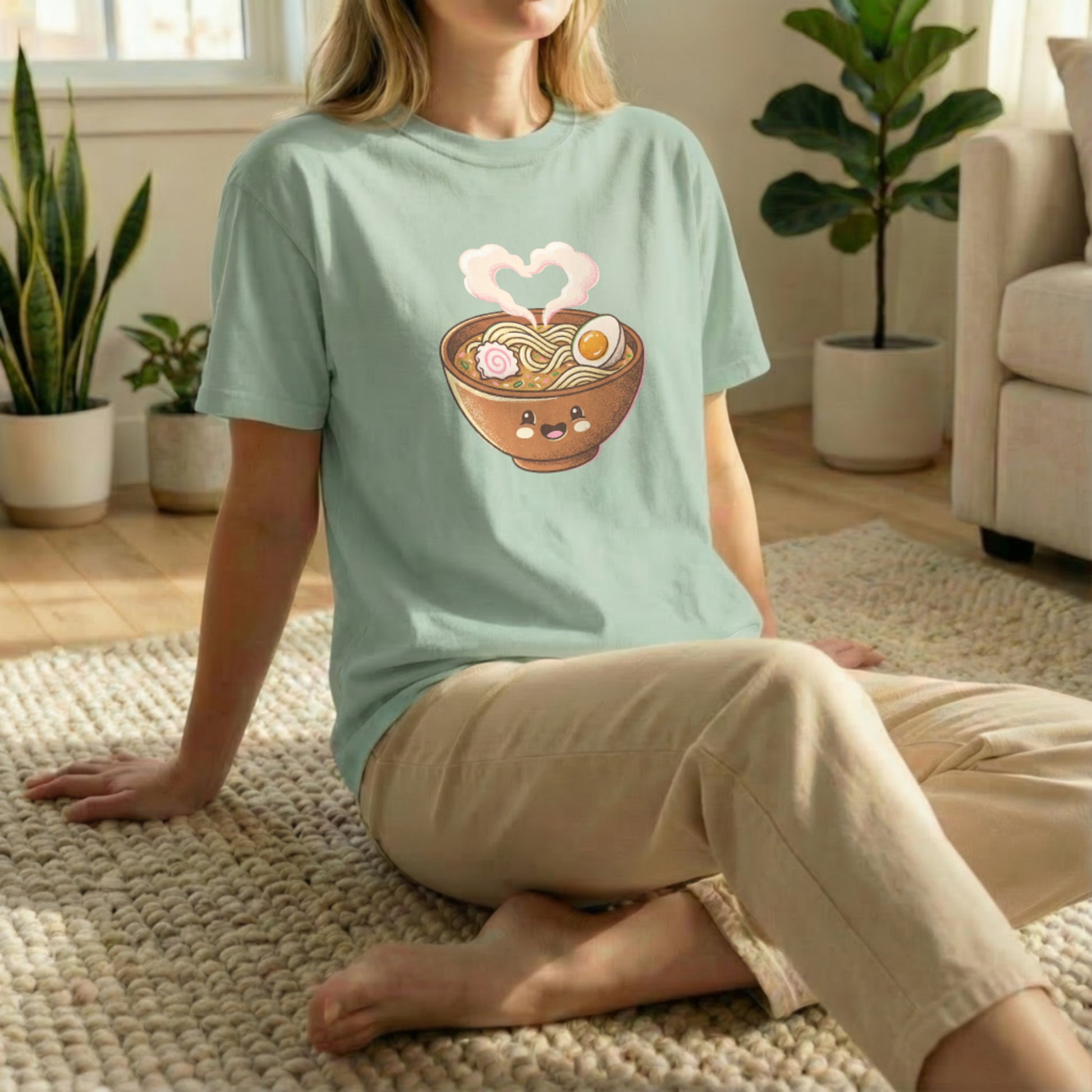 Happy Ramen Tee worn in floor pose on light green Comfort Colors t-shirt