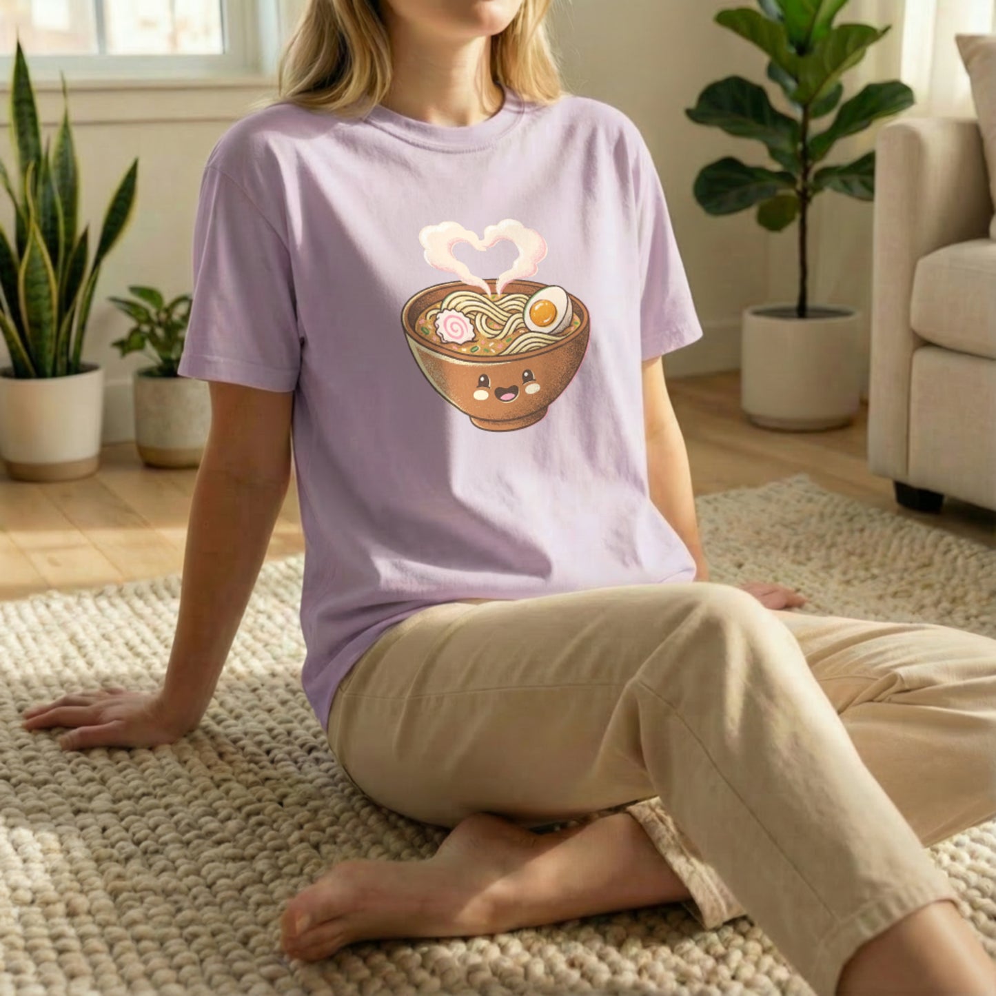 Happy Ramen Tee worn in floor pose on orchid Comfort Colors t-shirt