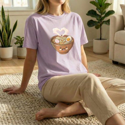 Happy Ramen Tee worn in floor pose on orchid Comfort Colors t-shirt