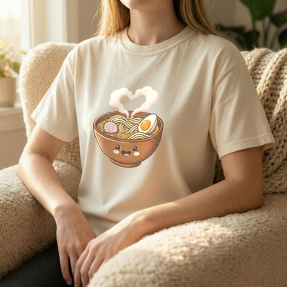 Happy Ramen Tee worn sitting on ivory Comfort Colors t-shirt
