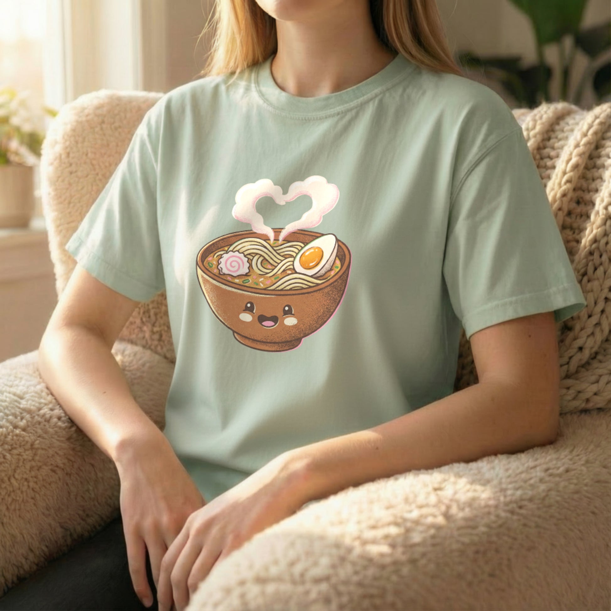 Happy Ramen Tee worn sitting on light green Comfort Colors t-shirt