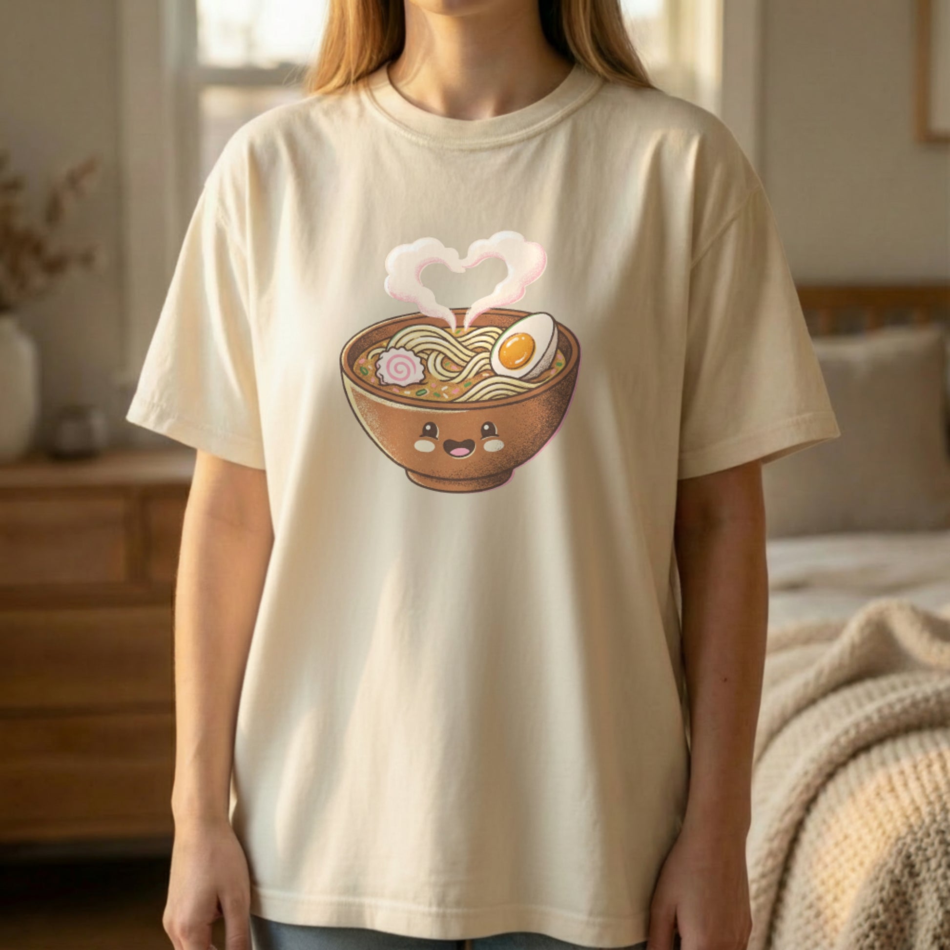 Happy Ramen Tee worn standing on ivory Comfort Colors t-shirt