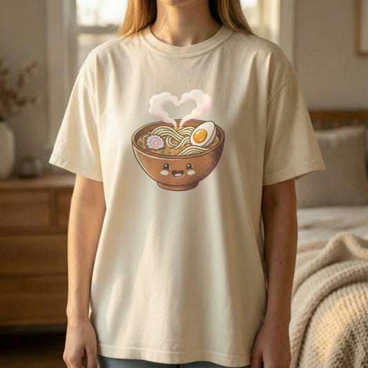 Happy Ramen Tee worn standing on ivory Comfort Colors t-shirt