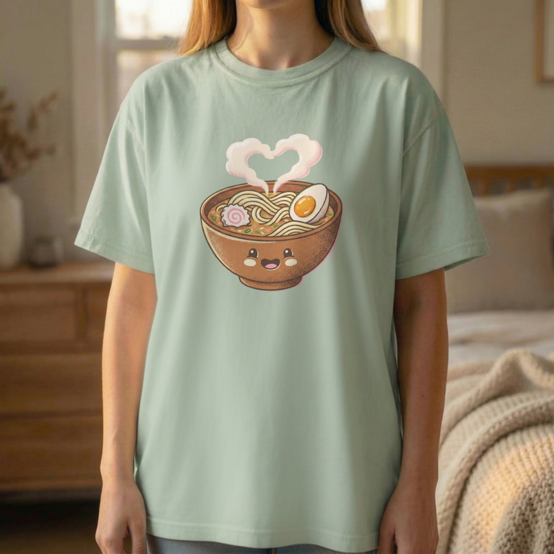 Happy Ramen Tee worn standing on light green Comfort Colors t-shirt
