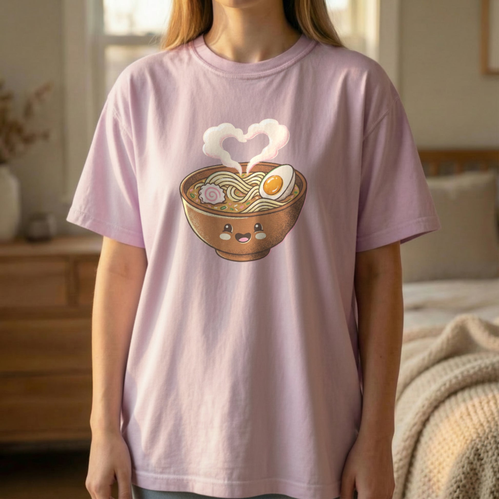 Happy Ramen Tee worn standing on orchid Comfort Colors t-shirt