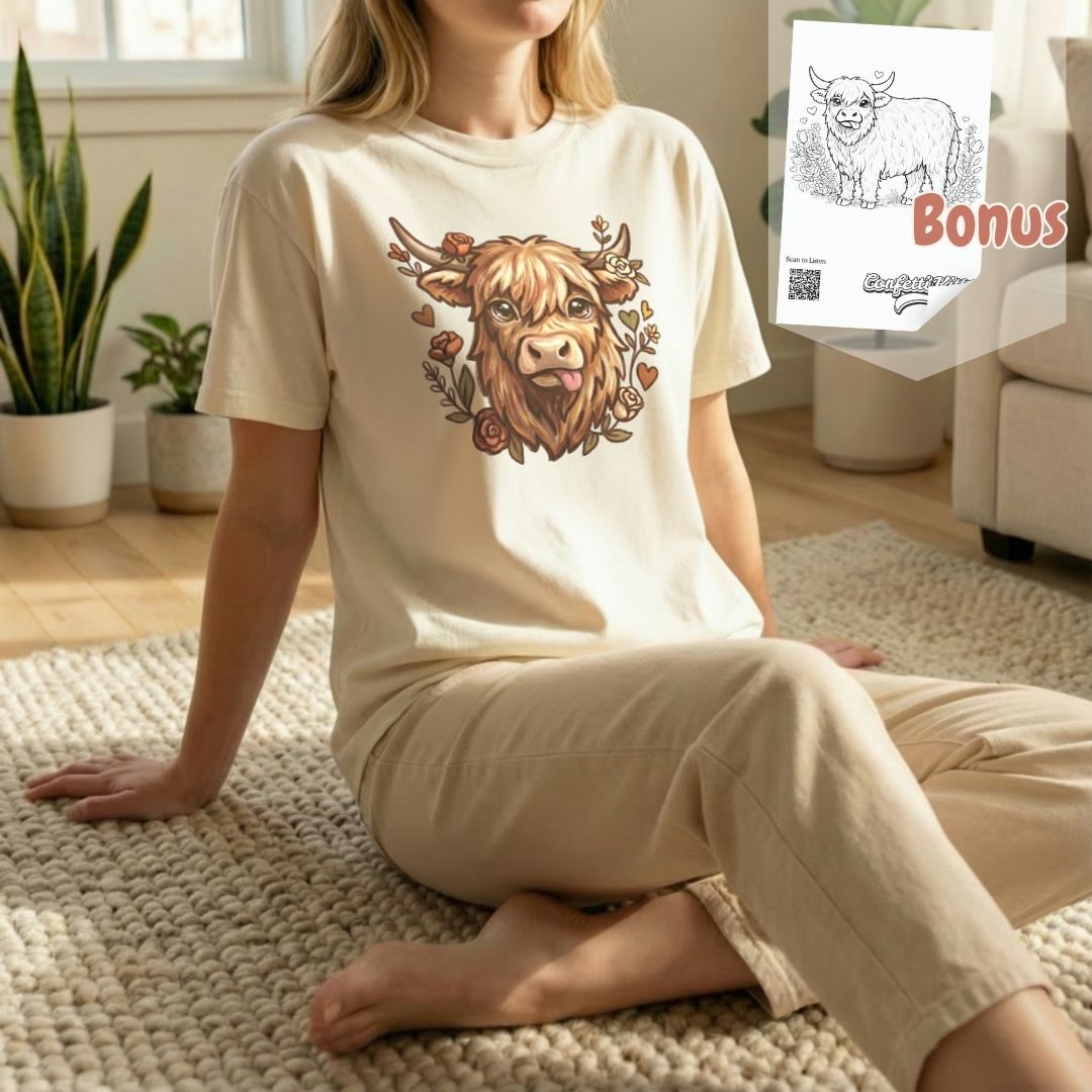 Highland cow t-shirt bundle in ivory shown in floor pose view