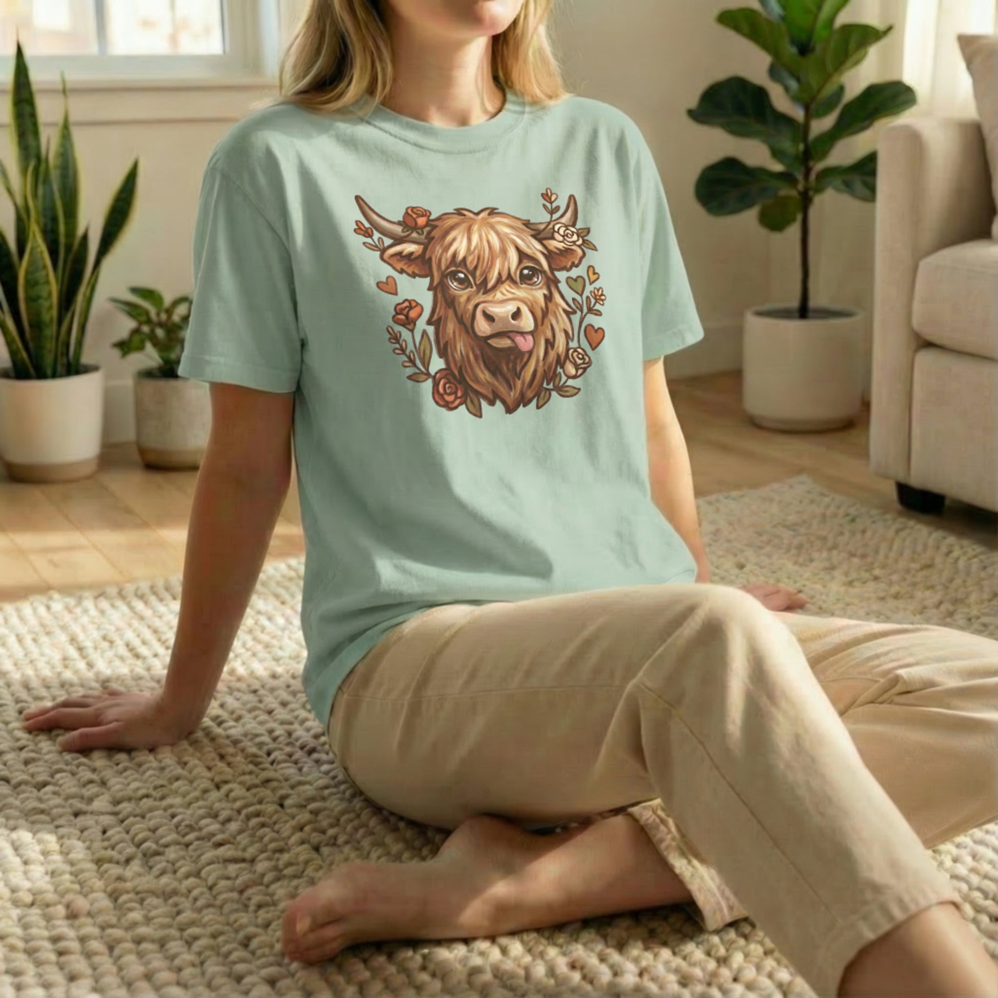 Highland cow t-shirt in light green shown in relaxed floor pose