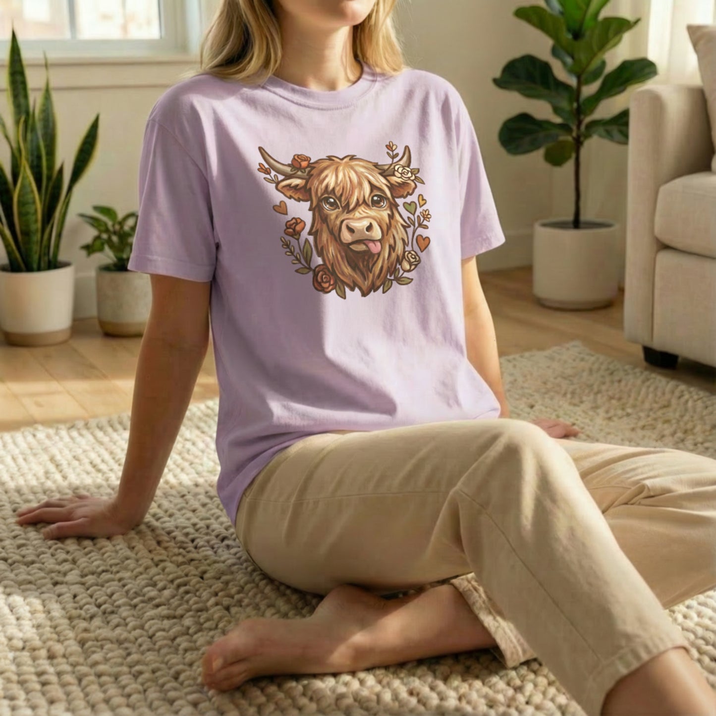 Highland cow illustration tee in orchid shown in casual floor pose