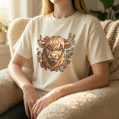 Ivory Highland cow t-shirt worn by seated model in cozy living room
